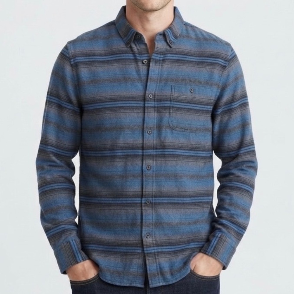 Ezekiel Mens Large Blue Grey Striped Flannel Button Up Shirt Long Sleeve Cotton